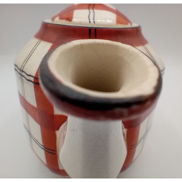 Red Plaid Teapot Vintage Takito Company Japan Hand Painted Crazed 9 Inch Serving - Picture 7 of 16